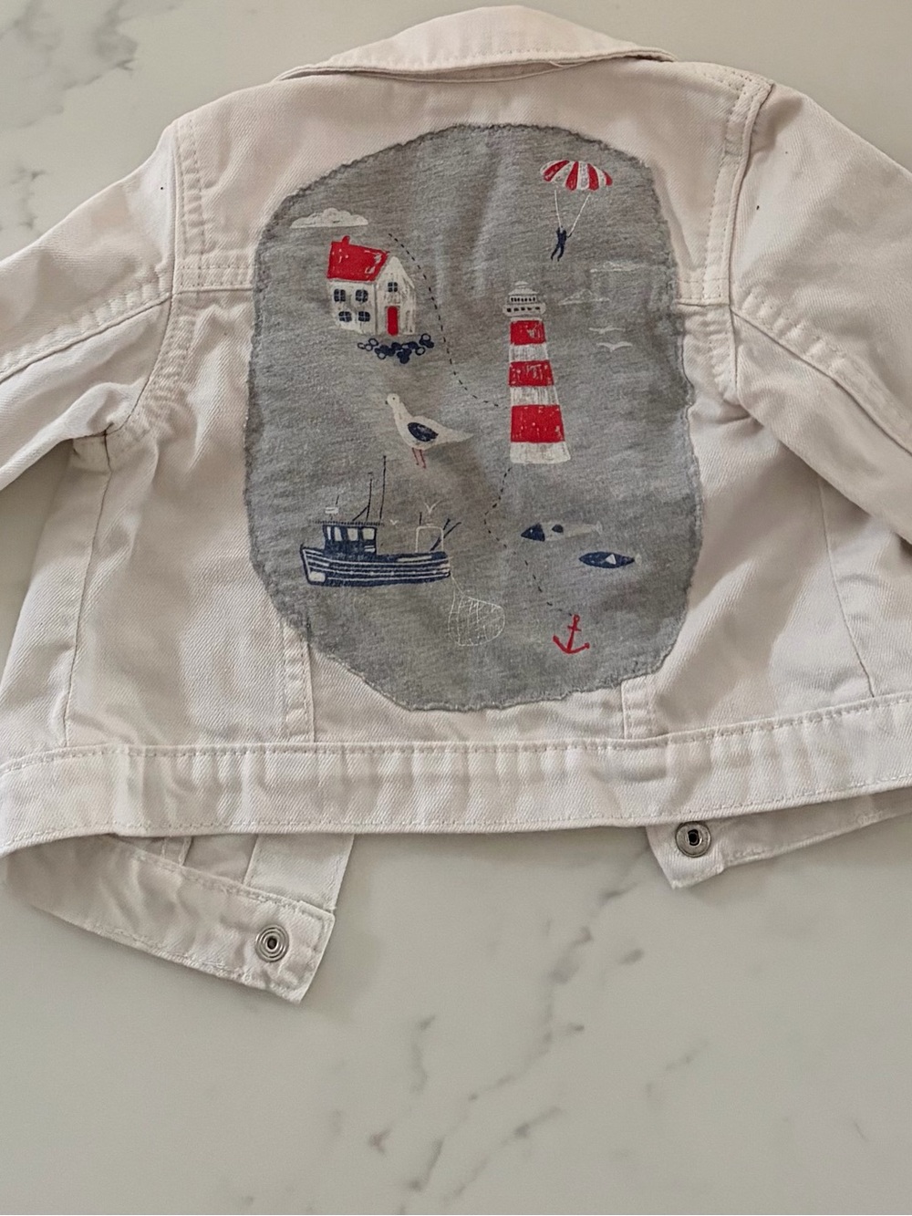 Girls' White Nautical Patch Denim Jacket with Lighthouse Print